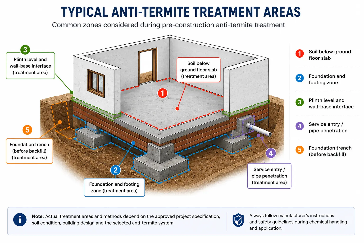 Typical anti-termite treatment areas around building foundation, floor slab, footing and service pipe penetration